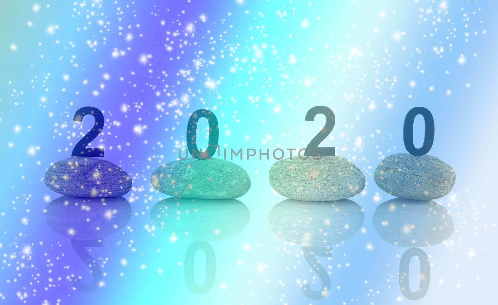 New years resolution 2020 concept, Wooden year number on stones isolated on white background with reflection and copy space