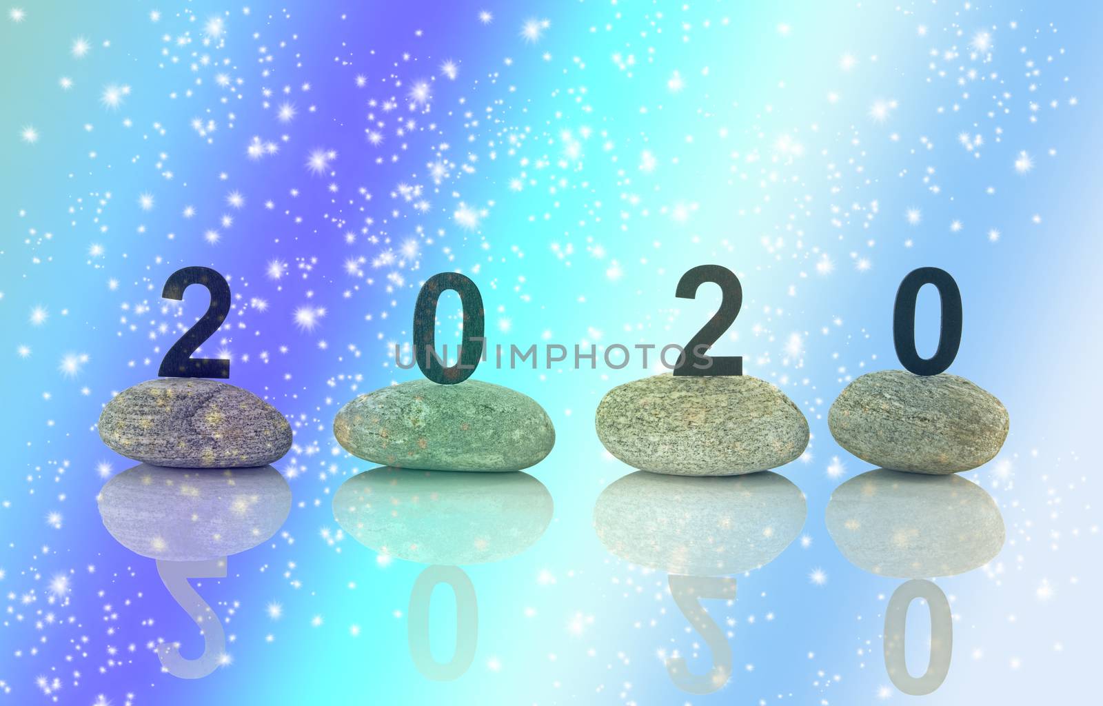 New years resolution 2020 concept, Wooden year number on stones isolated on white background with reflection and copy space