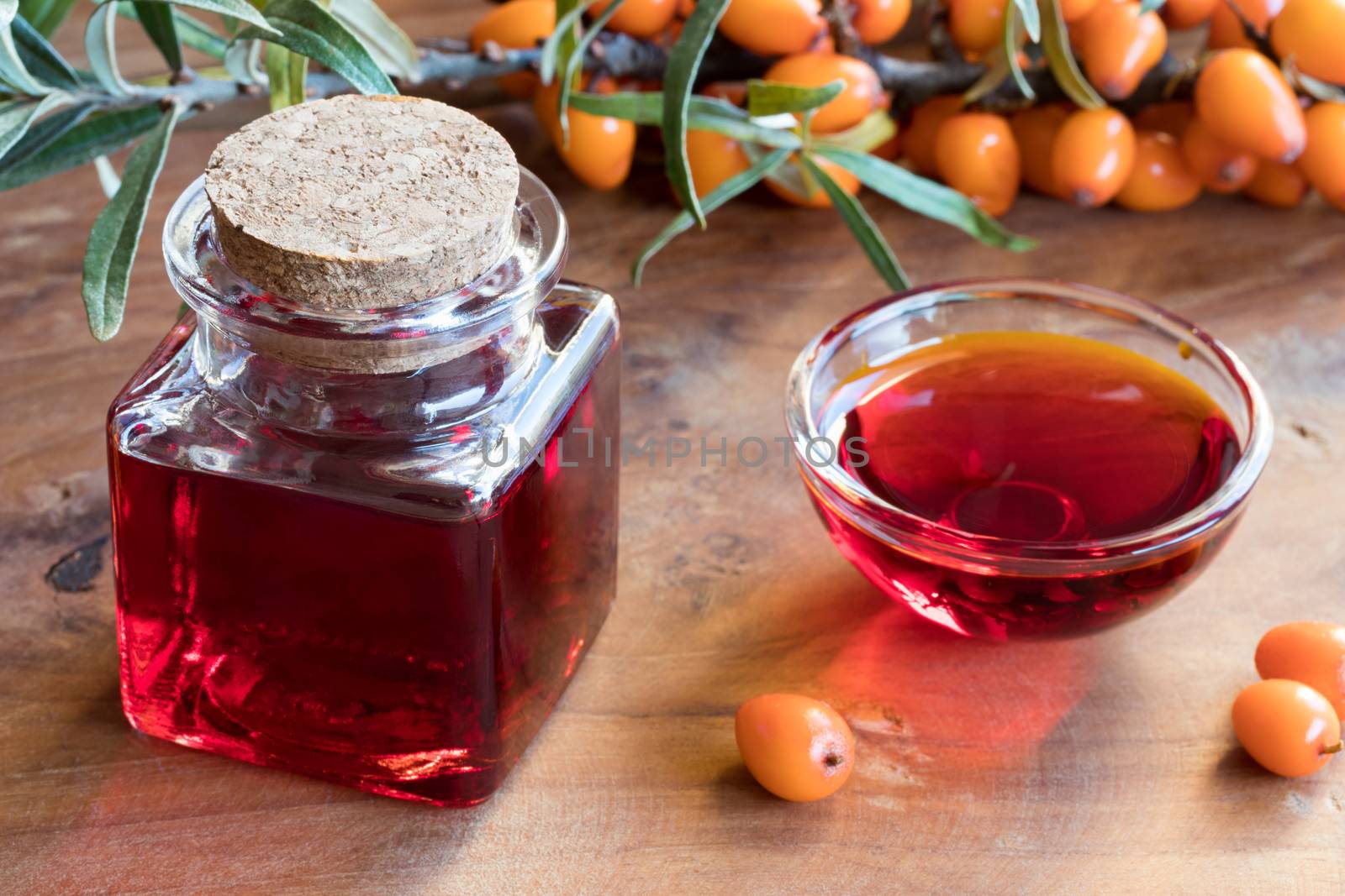 Sea buckthorn oil in a glass bowl on a wooden table, with sea buckthorn berries and leaves in the background