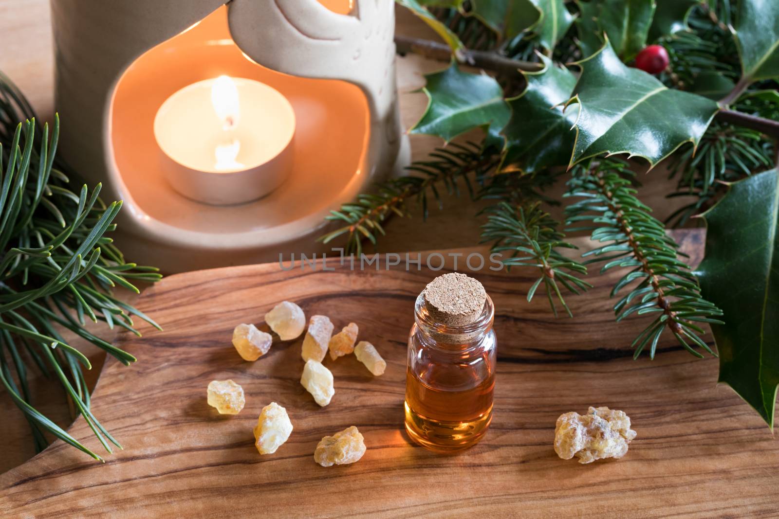 A bottle of frankincense essential oil with frankincense resin crystals, spruce, holly and pine branches, and an aroma lamp in the background