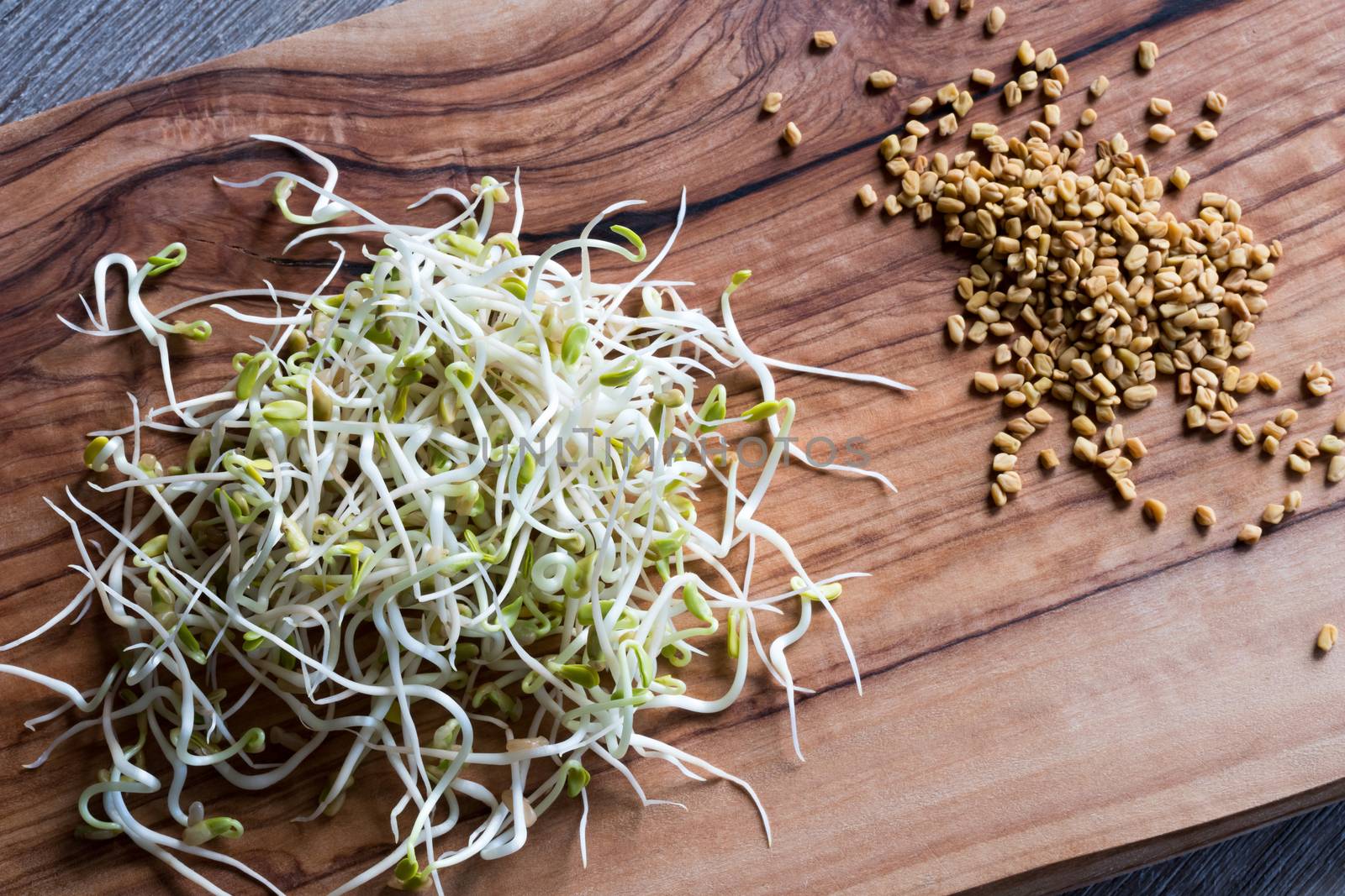 Sprouted and dry fenugreek seeds on a wooden table, top view