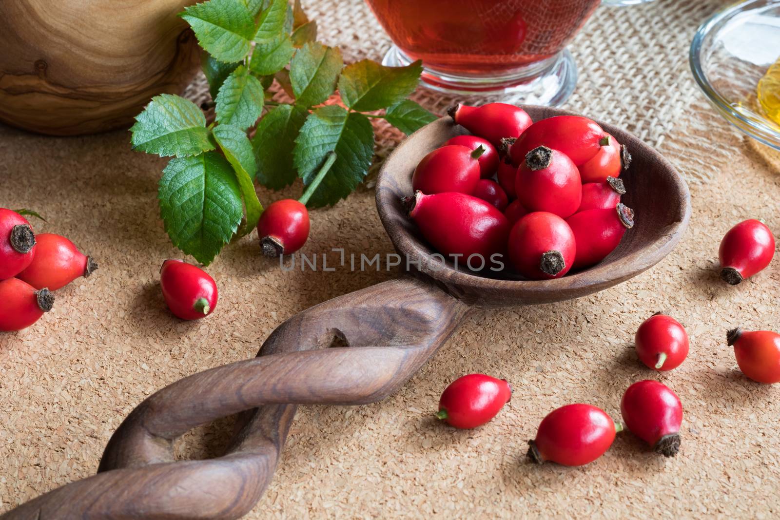 Fresh rose hips on a wooden spoon