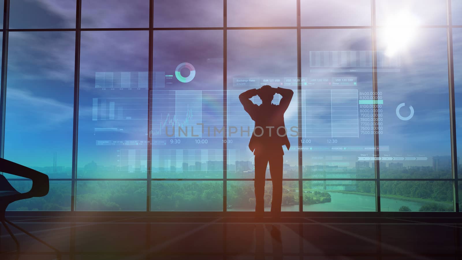 A male silhouette stands by the window in his glass office and in front of him is an animation of stock exchange infographics.