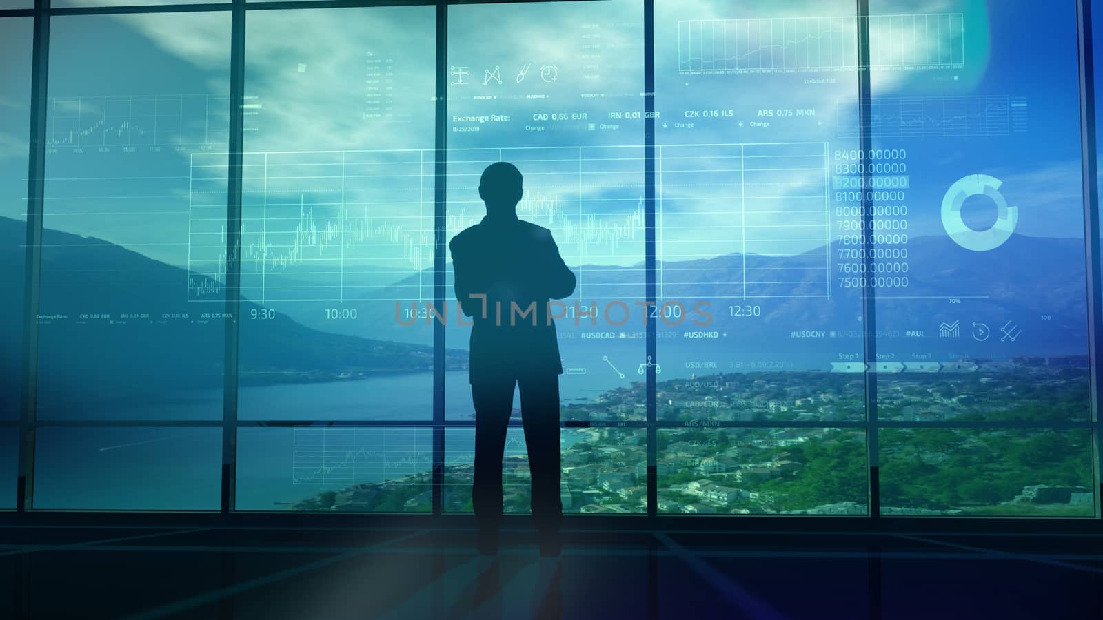 Silhouette of a trader in the office before infographics by ConceptCafe