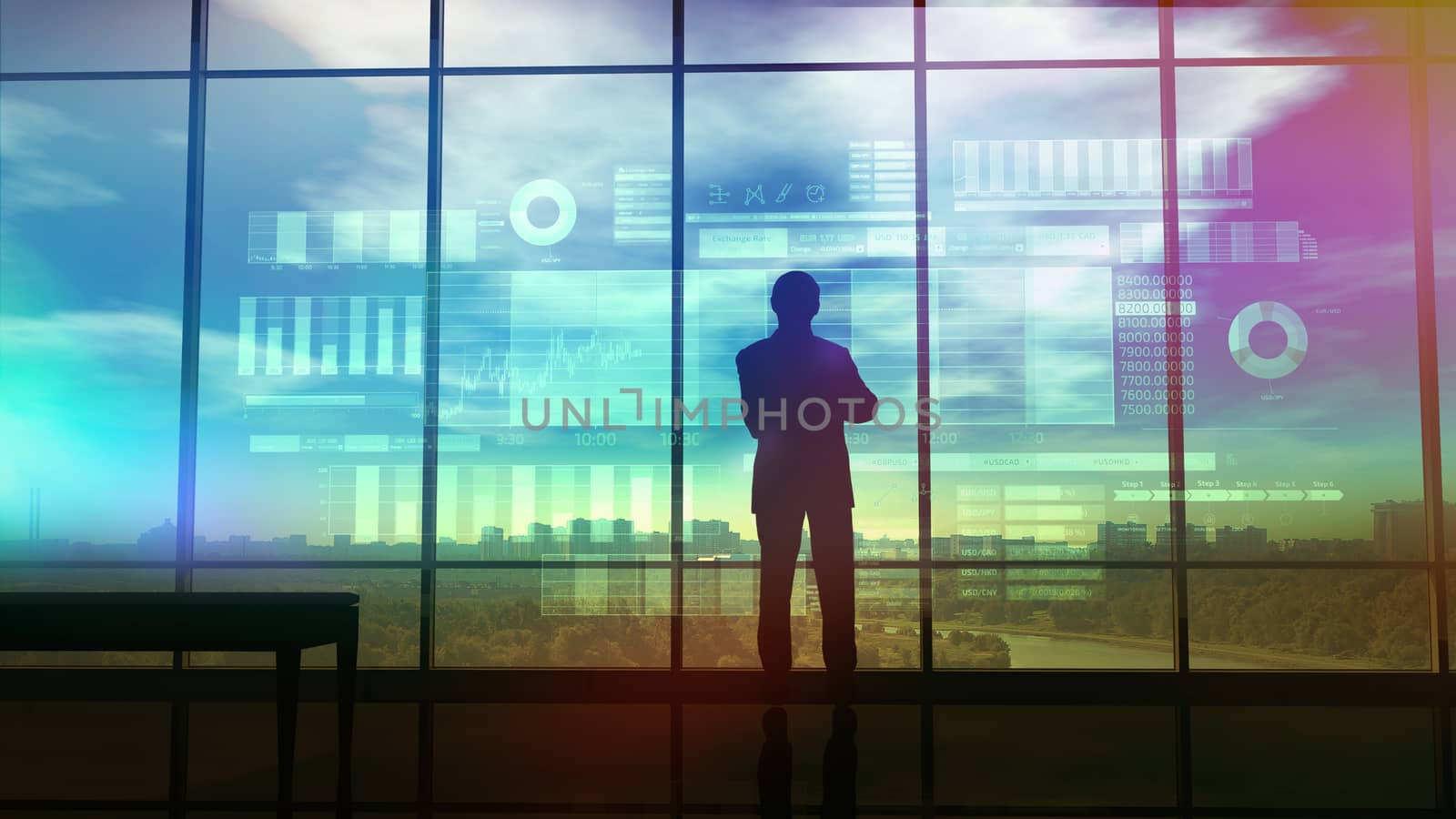 In an office with large windows, there is a silhouette of a trader looking at an infographic showing the exchange area and trading data.