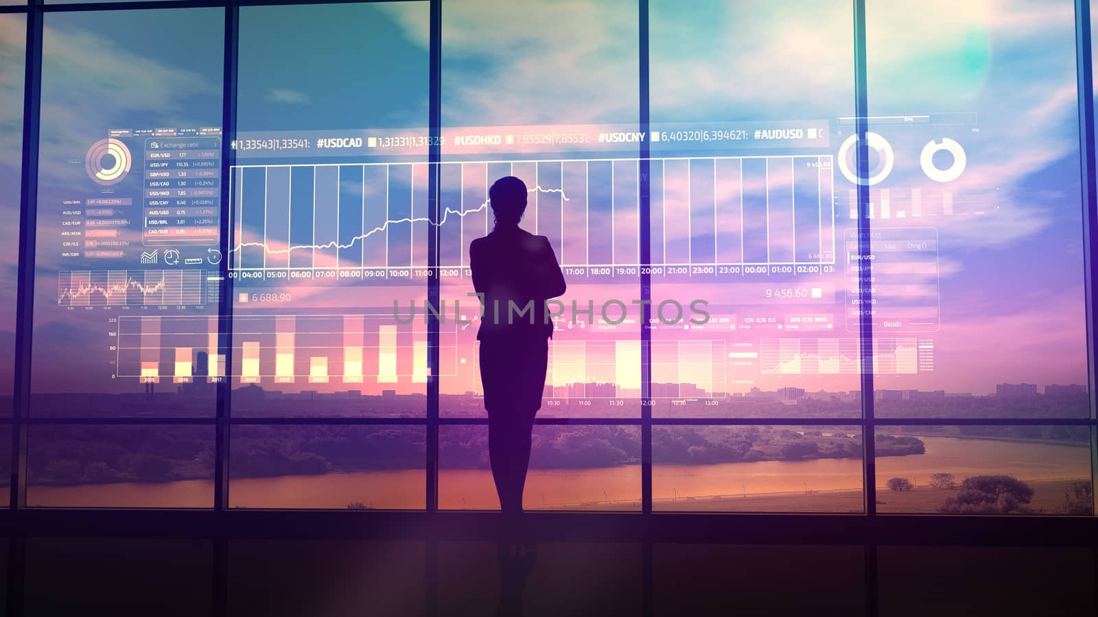 Silhouette of business woman and stock exchange infographics by ConceptCafe