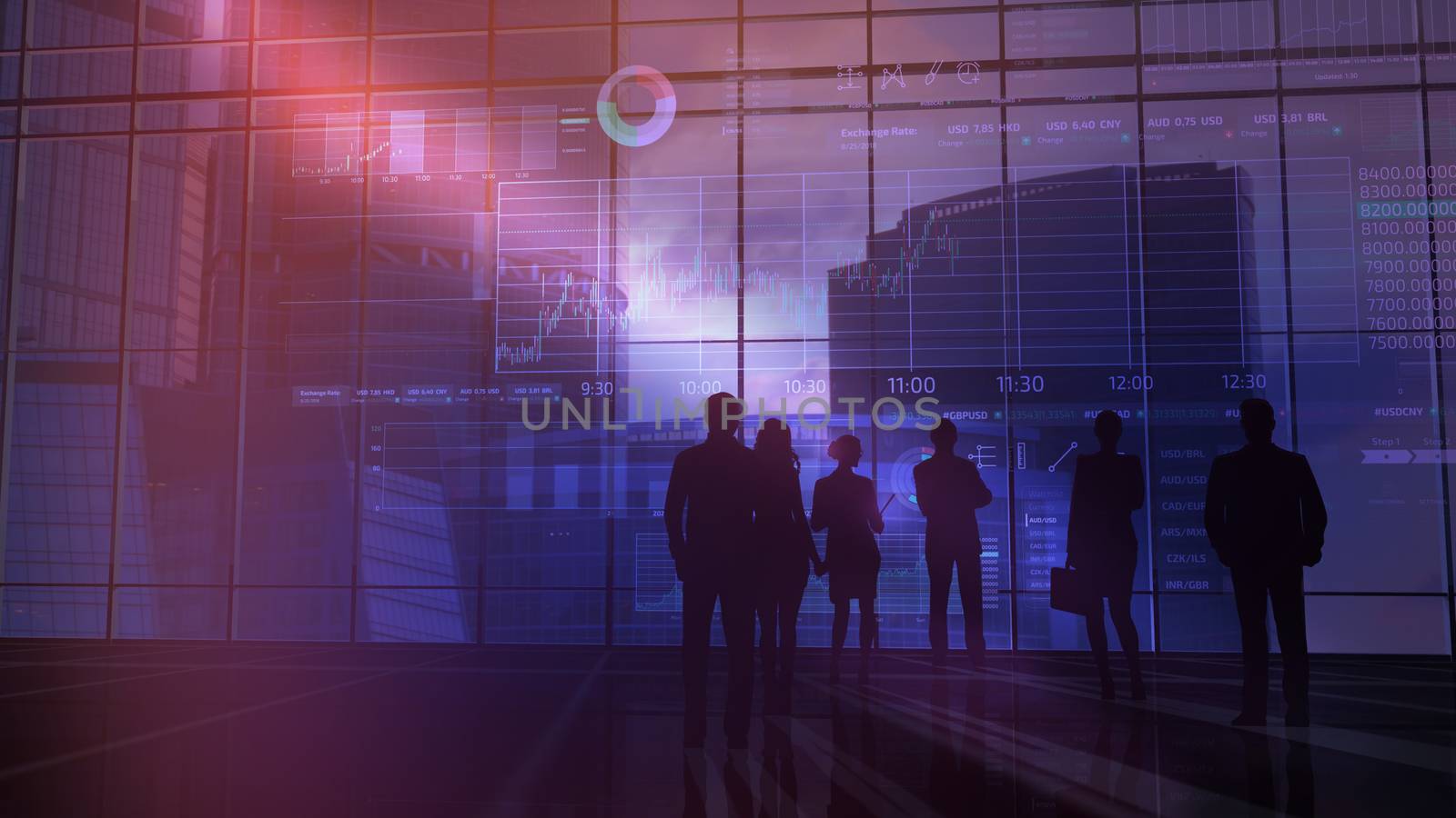 Silhouettes of business teams are closely monitoring the status of the exchange. Information is displayed on a holographic infographic in front of them.