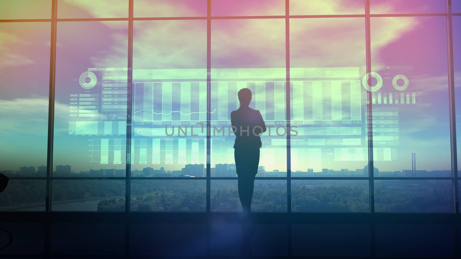 Silhouette of business woman and stock exchange infographics by ConceptCafe