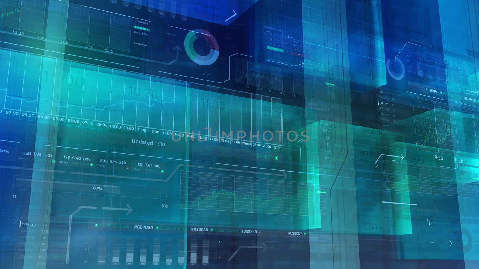 Dark blue background with corporate trading infographics in virtual space.