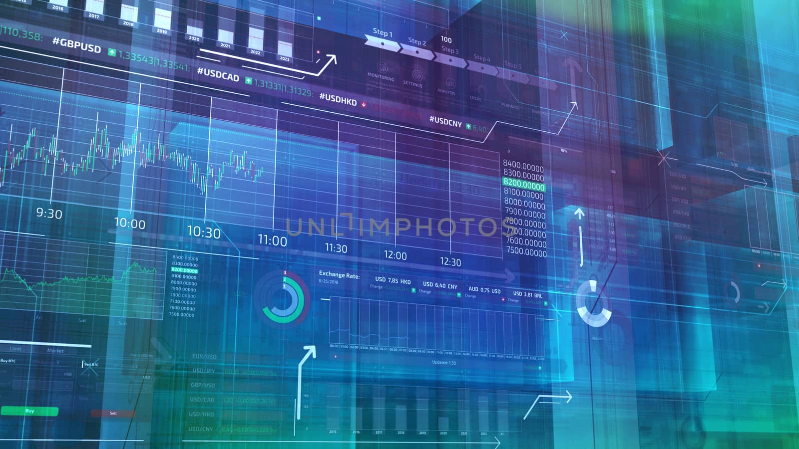 Infographics on the theme of stock trading, exchange rates and the global market are animated in three-dimensional virtual space.