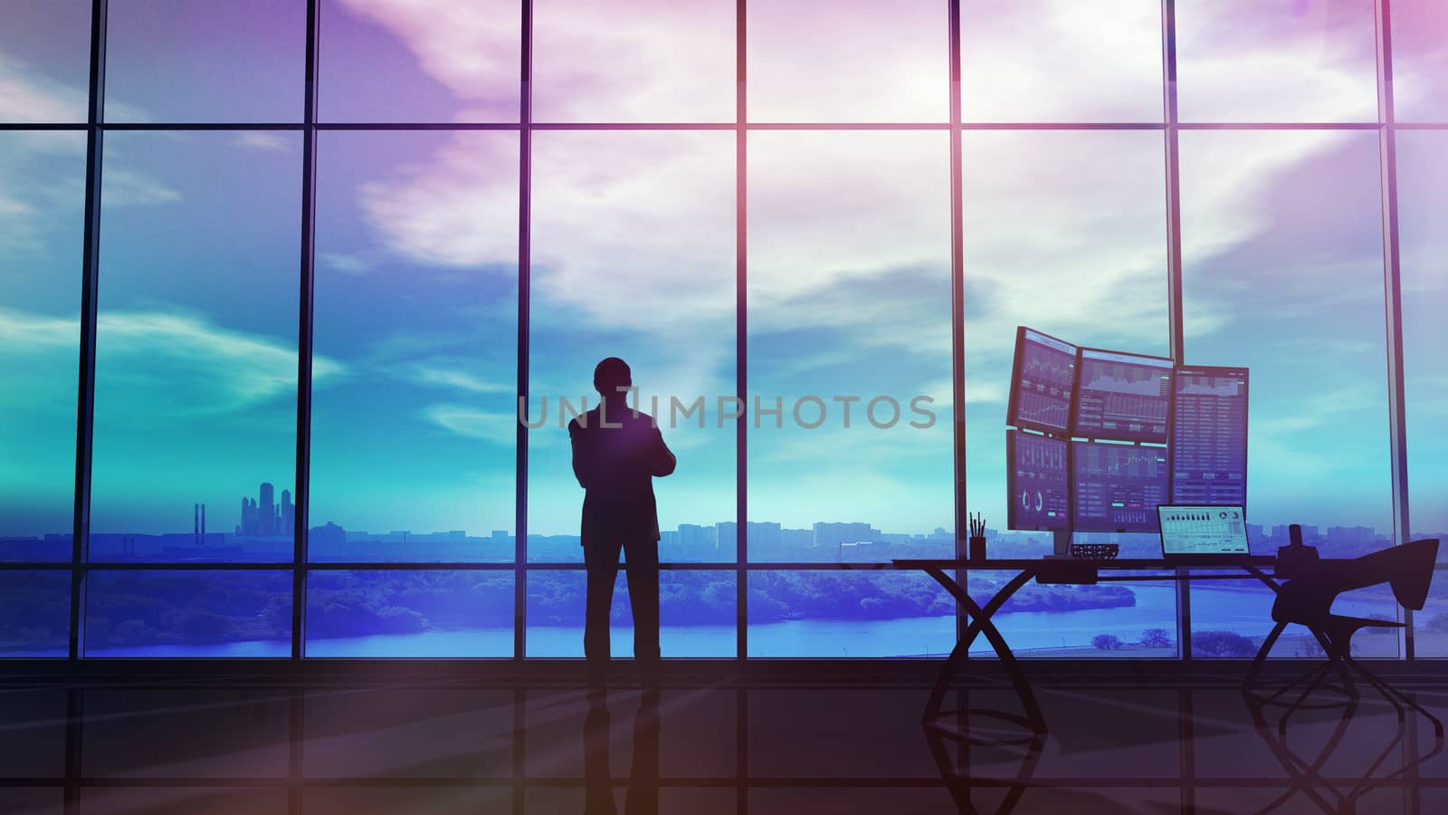 In an office with large windows, there is a silhouette of a trader looking at an infographic showing the exchange area and trading data.