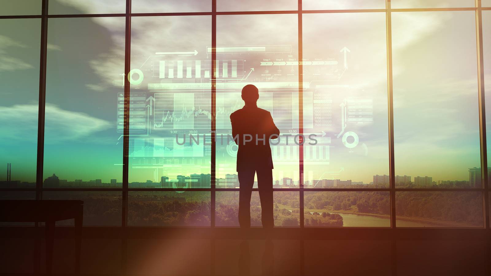 Silhouettes of business teams are closely monitoring the status of the exchange. Information is displayed on a holographic infographic in front of them.