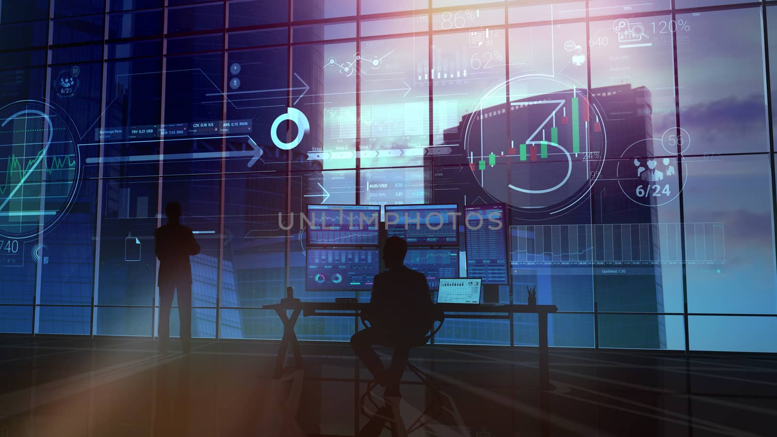 Silhouettes of traders are closely monitoring the status of the exchange. Information is displayed on a holographic infographic in front of them.