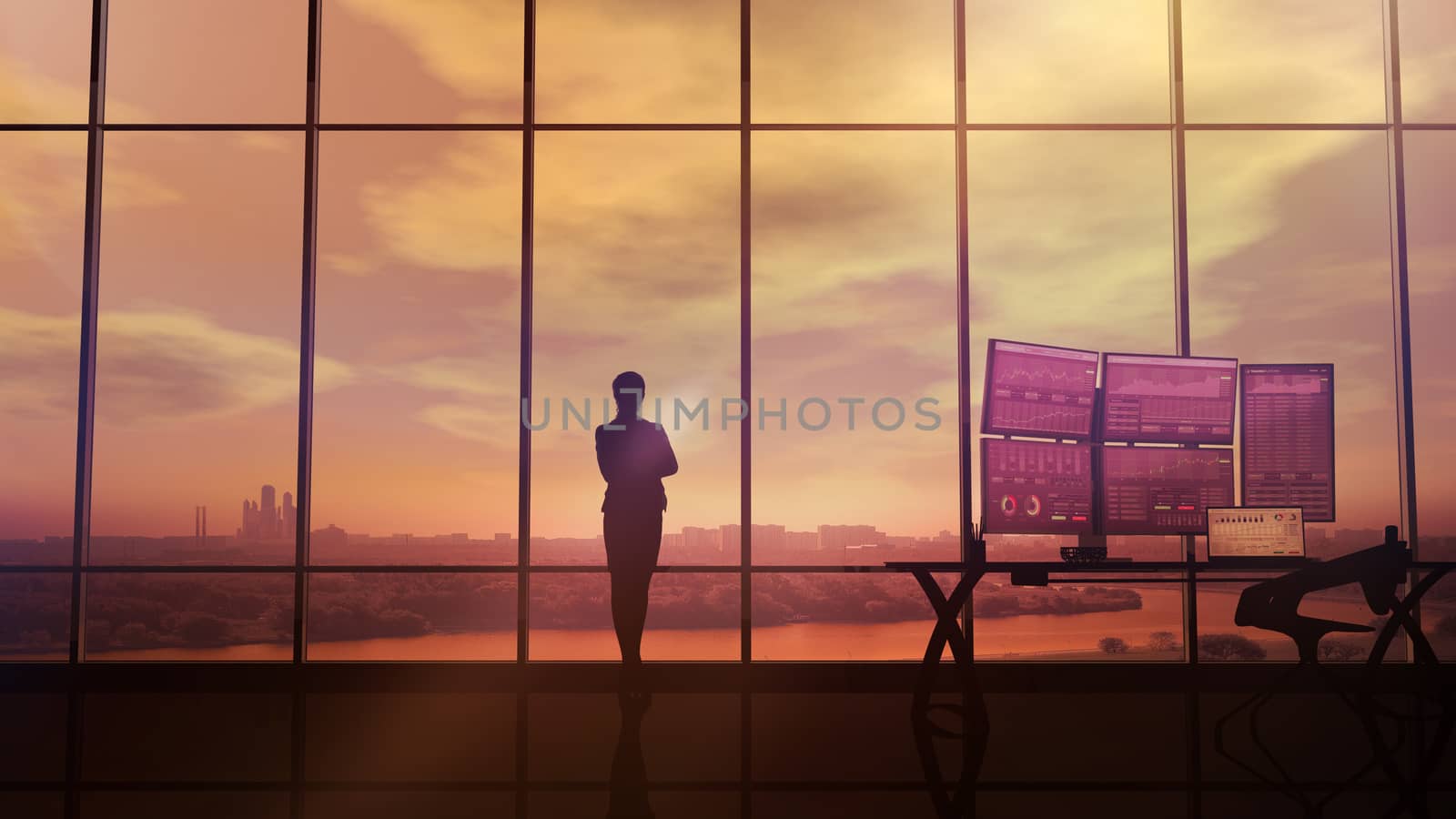 Female silhouette in front of infographics on the theme of trading and trading on the exchange.