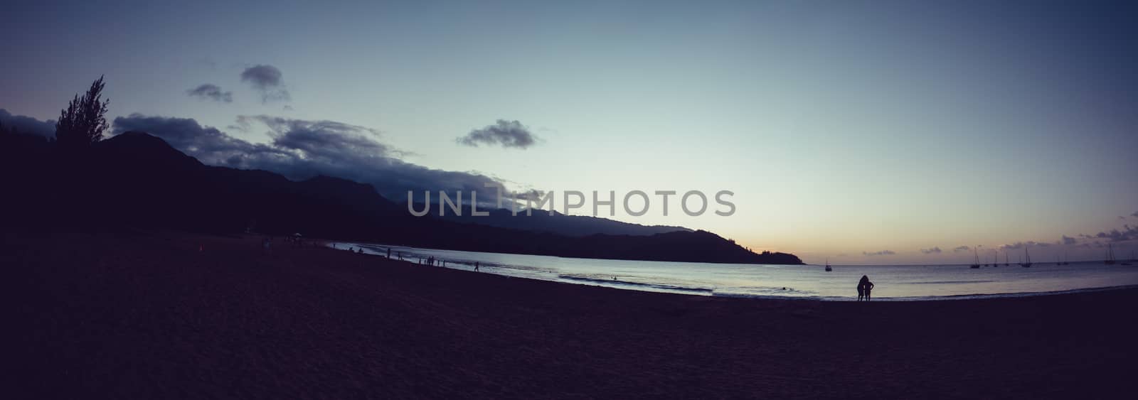 Sunset in the rounded coast of Hanalei bay in Kauai, US by mikelju