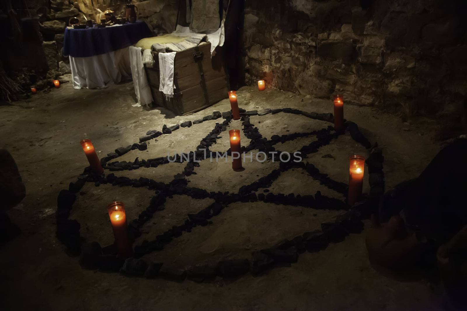 Satanic pentacle with lighted candles, dark magic ritual detail, occultism