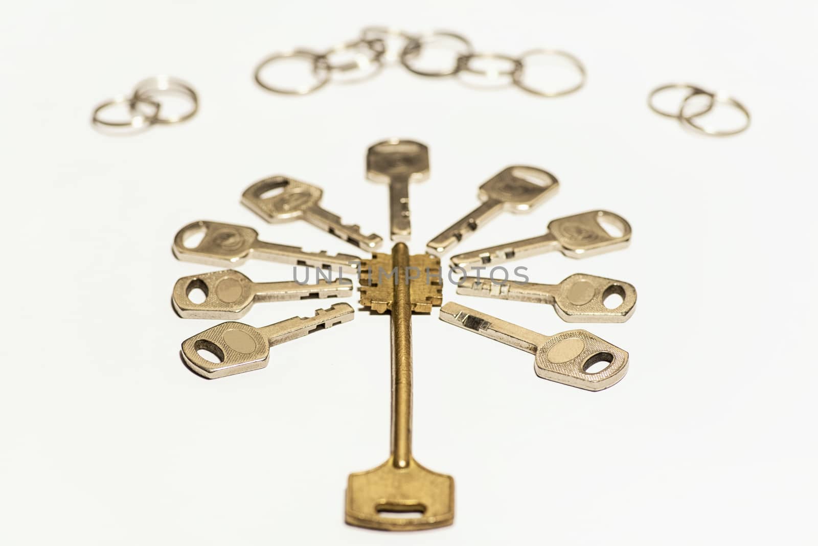 Many keys of different sizes. Keys on a white background, close-up. Selective focus, soft focus.