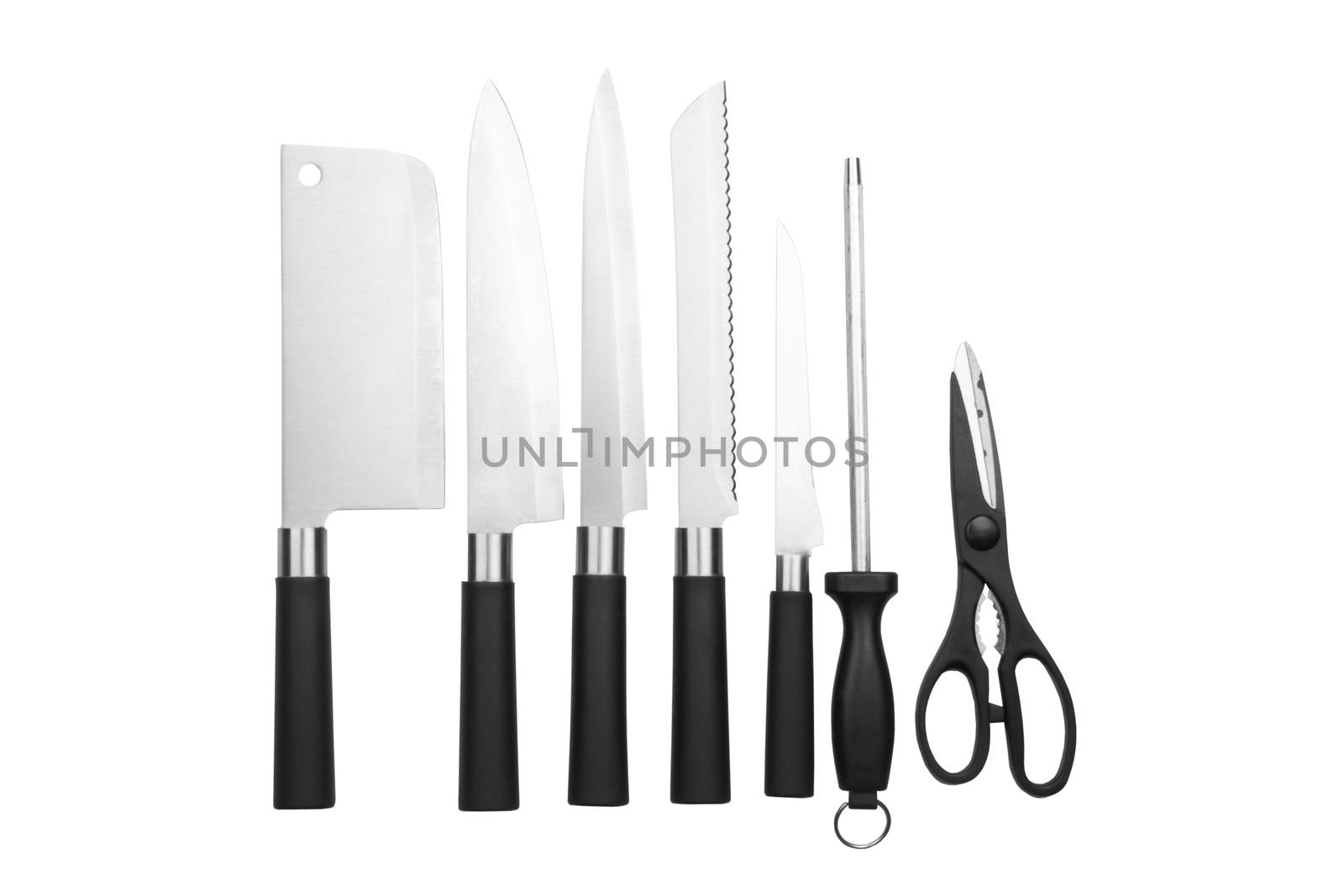 a kitchen knives set isolated on a white background, tableware