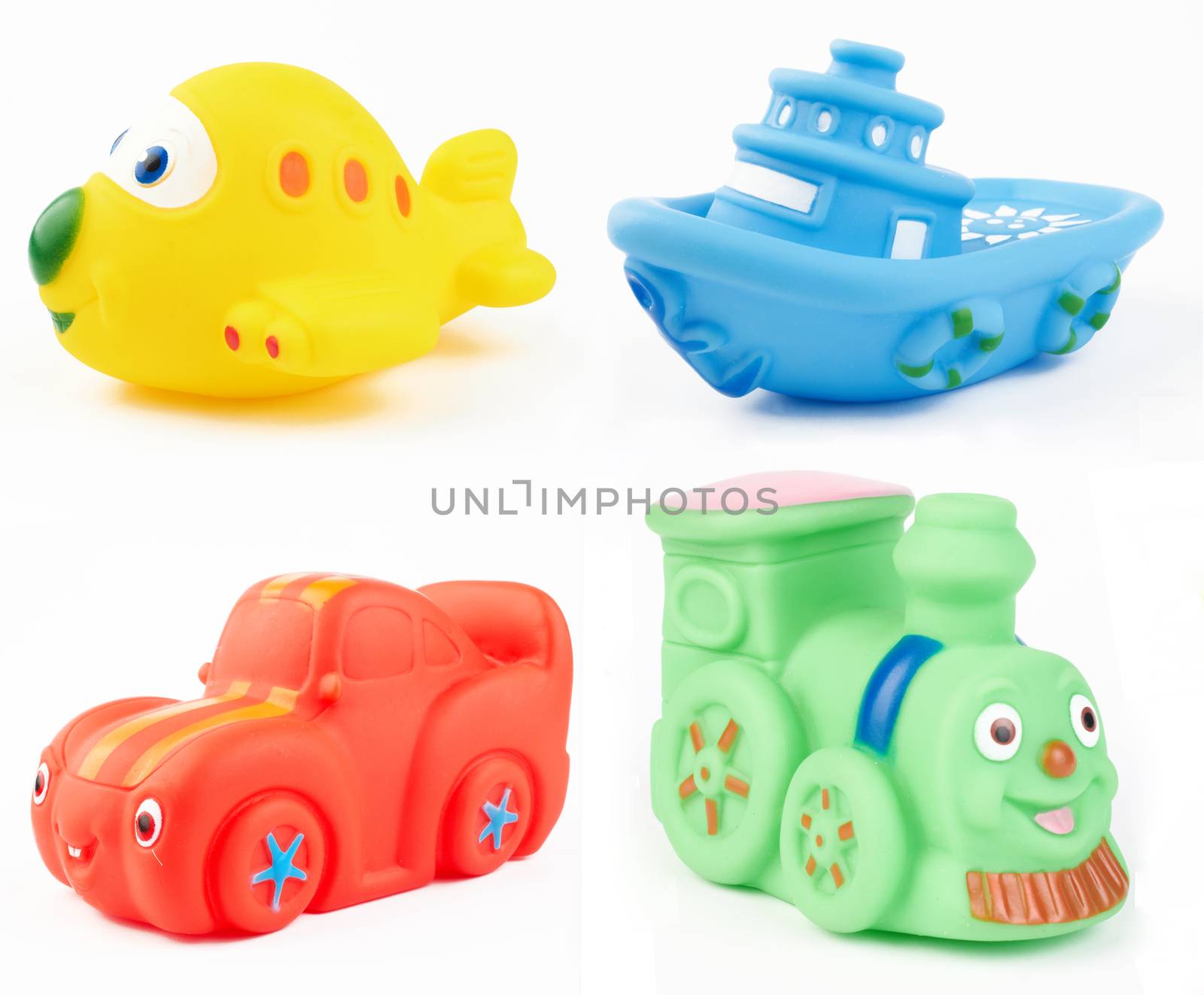 plastic bath toys on white