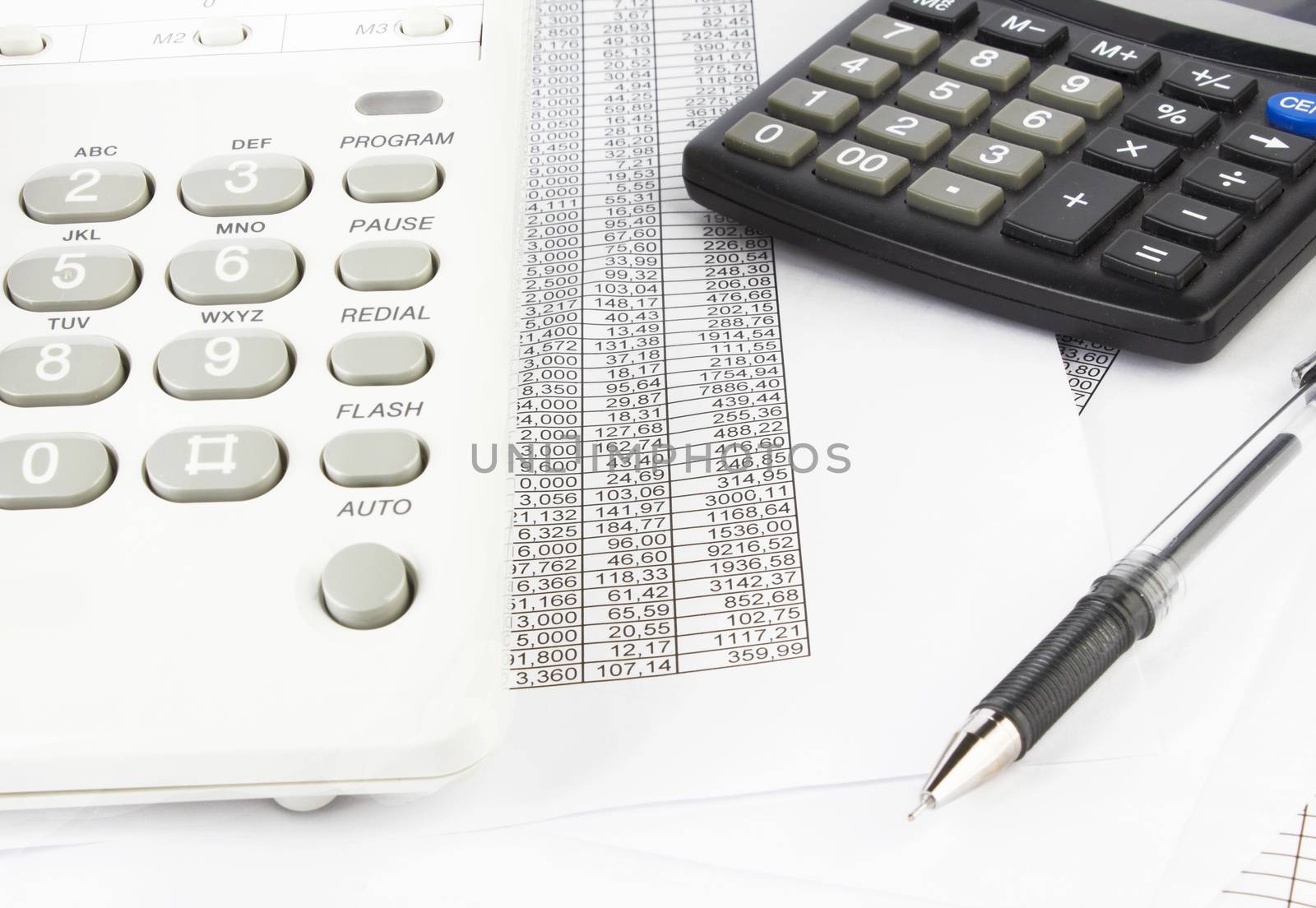 calculator and pen on a business background 