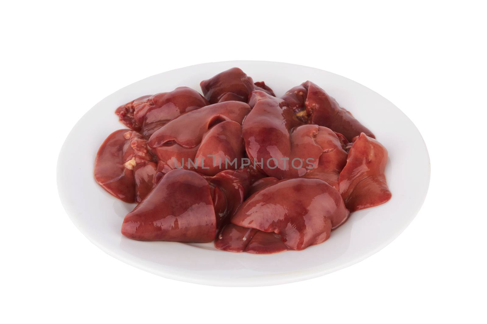 Raw fresh bird liver in the white plate. Isolated on white 