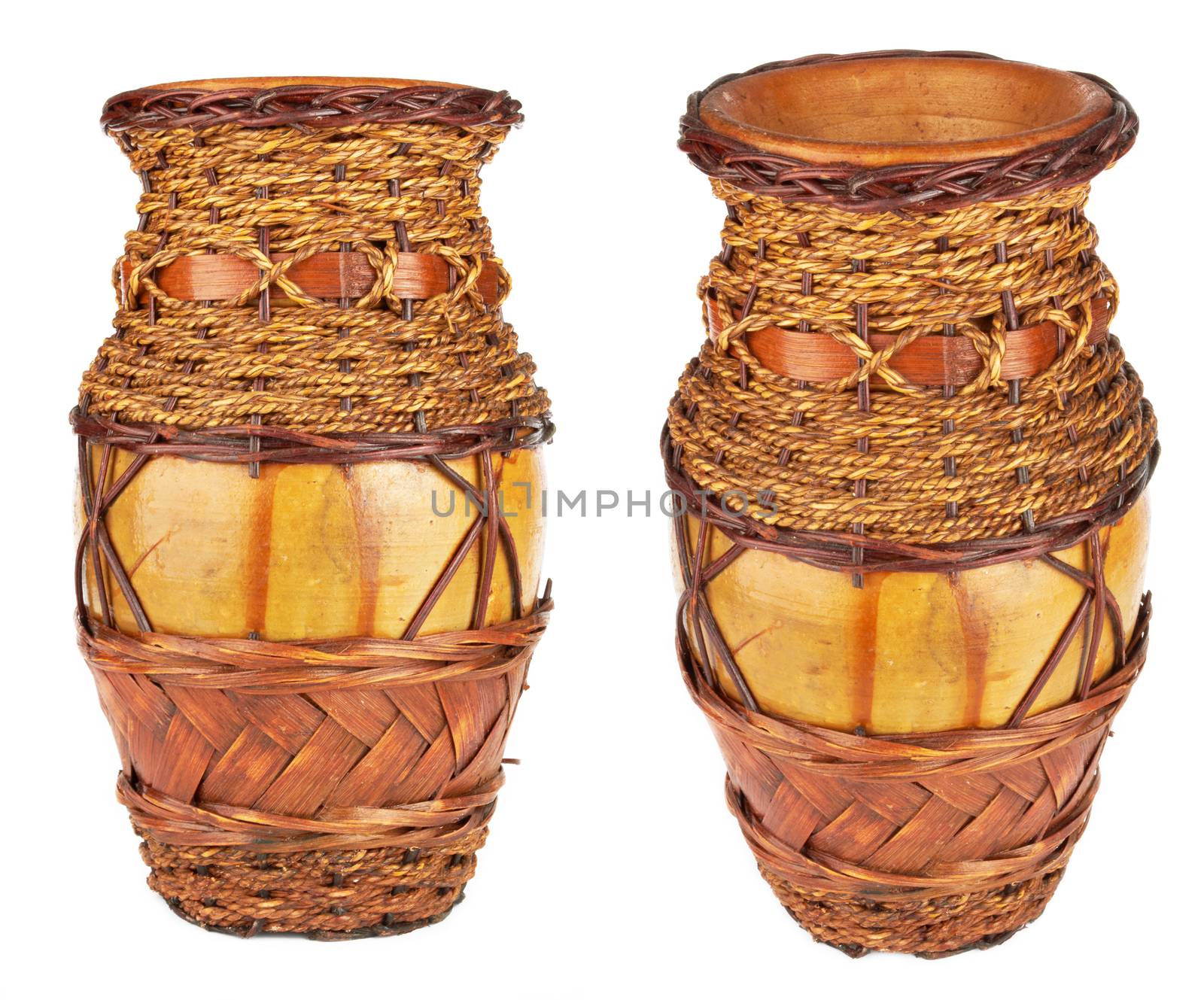 Clay jug, old ceramic vase isolated on white background  