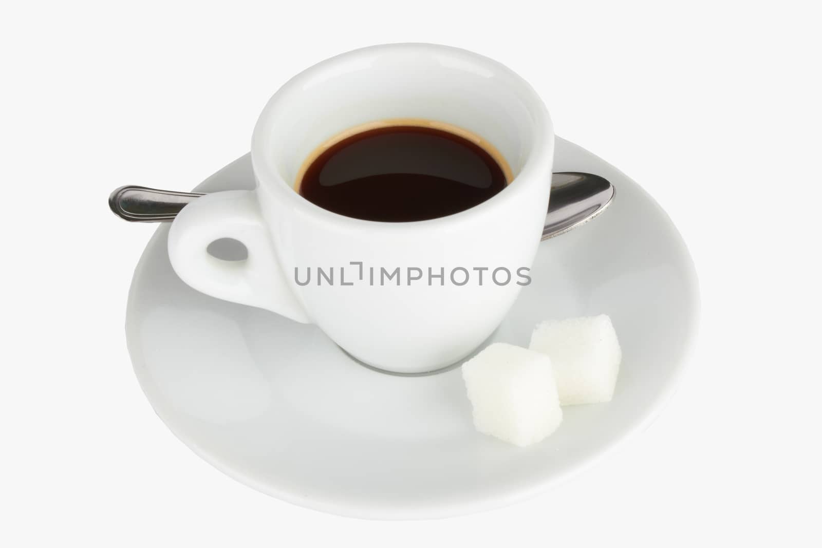 
Natural brewed coffee in a cup with spoon isolated on white background 
