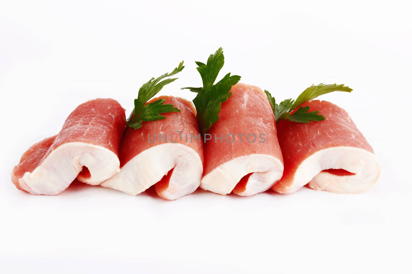 the piece of raw fillet steak on white background. 