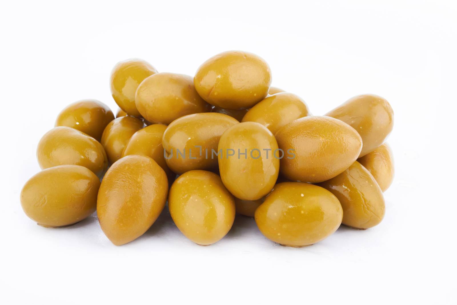 Green olives on a white background 