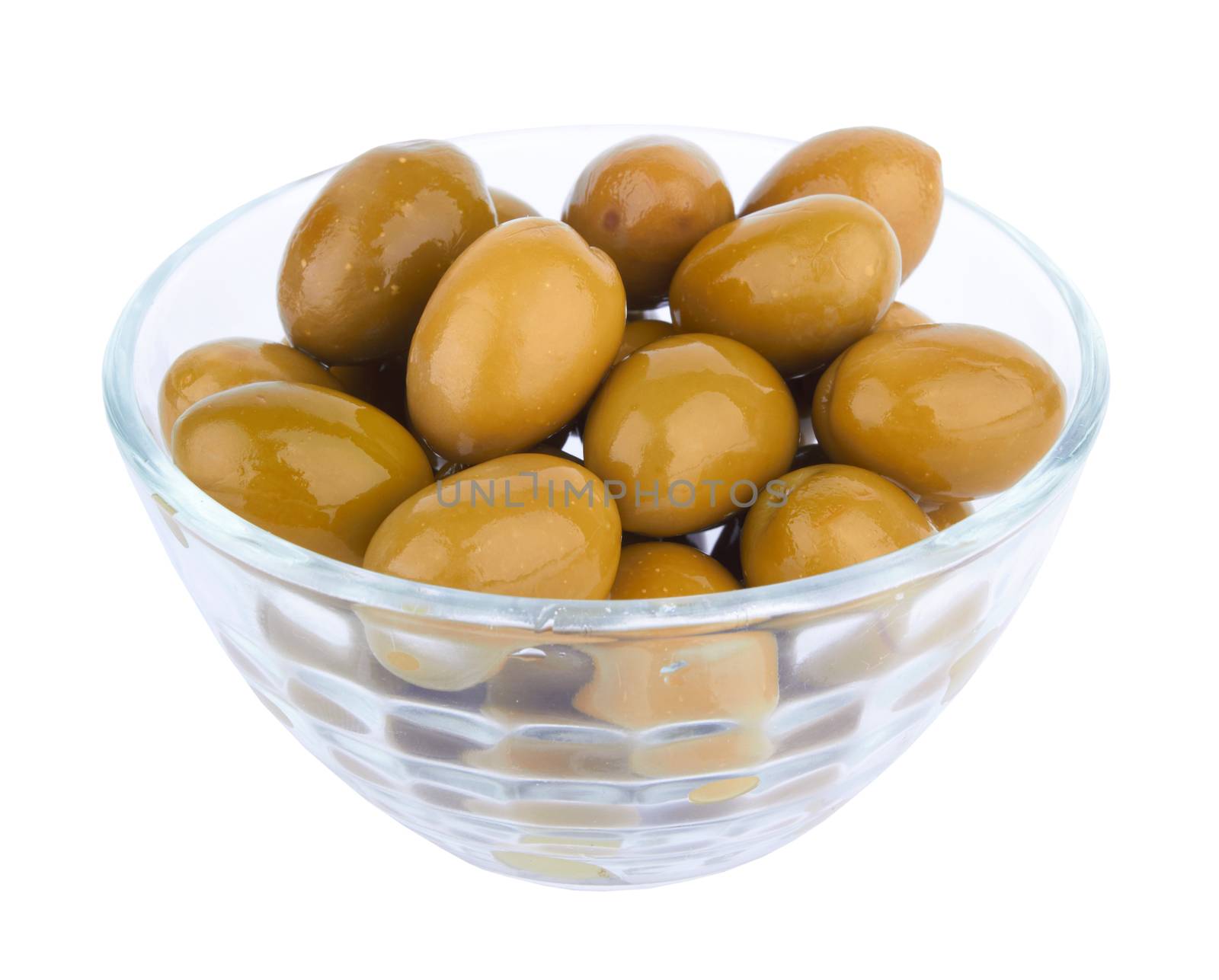 Green olives in glass bowl 