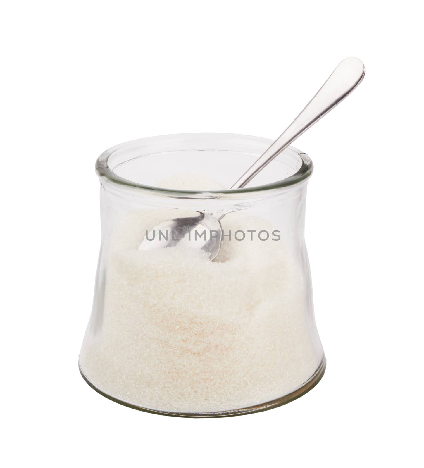 White sugar in glass bowl with teaspoon isolated on white background 