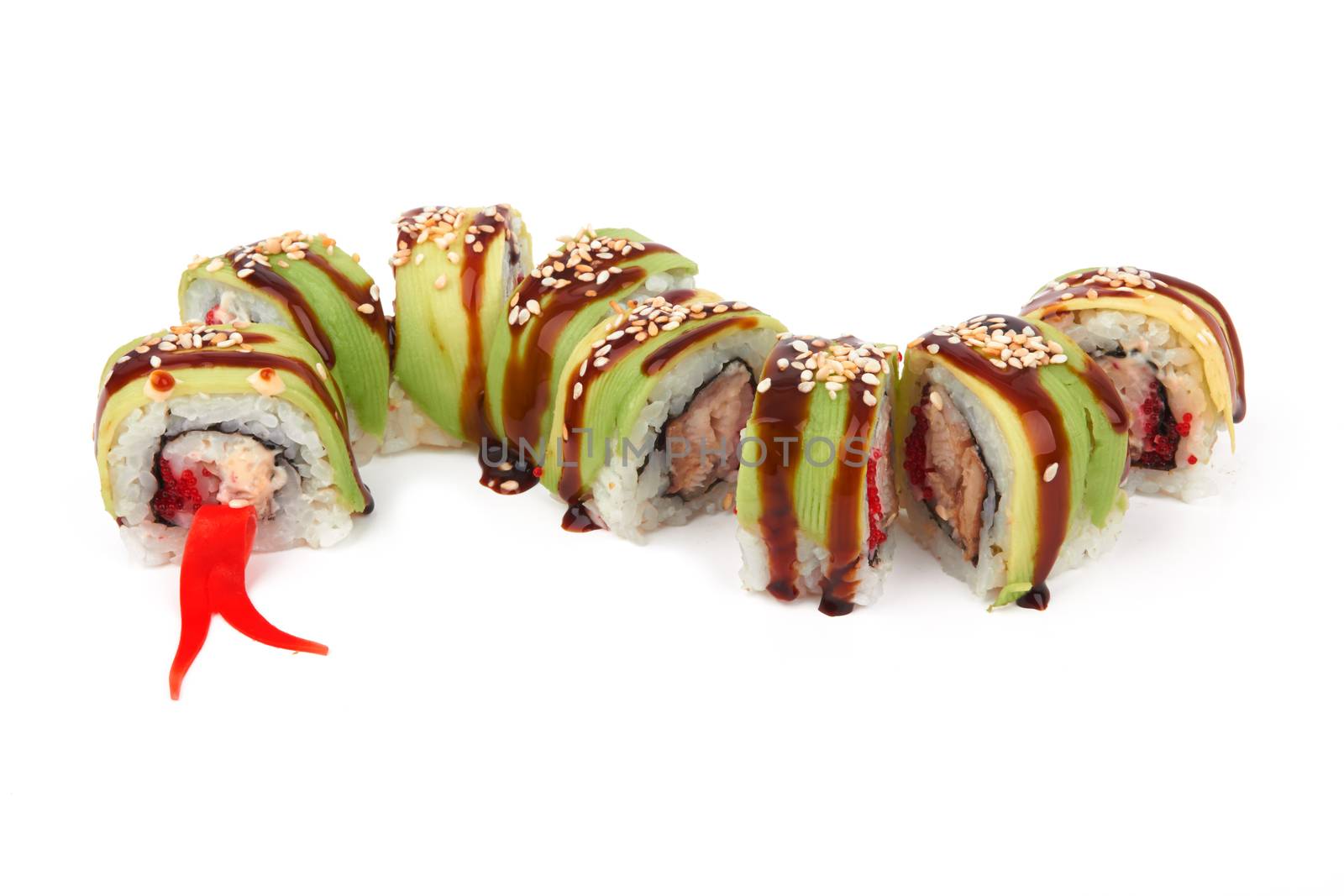 Avocado eel roll with pretty eyes on a white