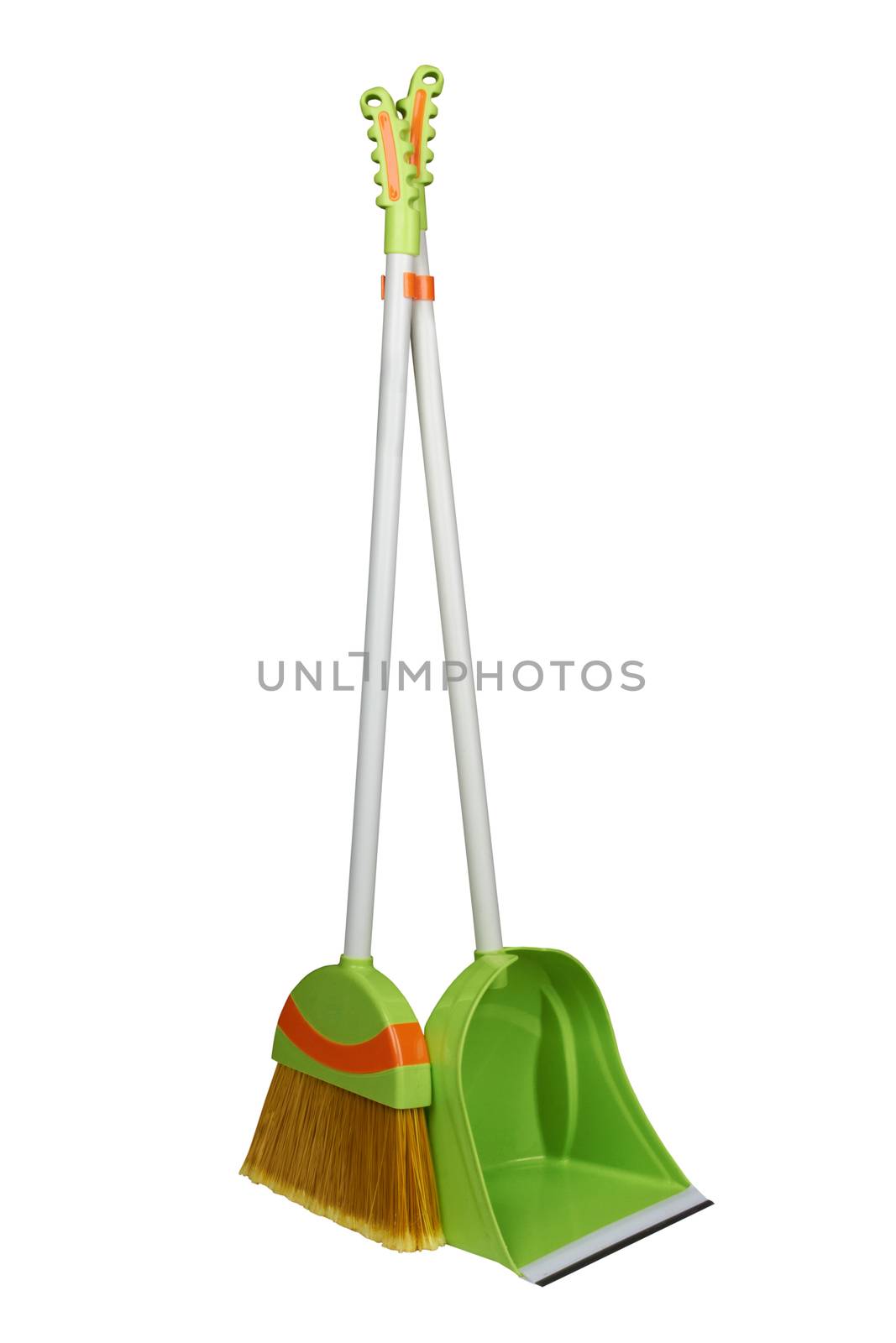 Green scoop with a broom on a white background 