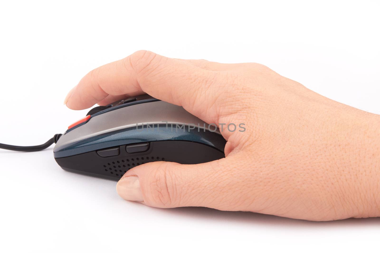 computer mouse and hand close up on a white 