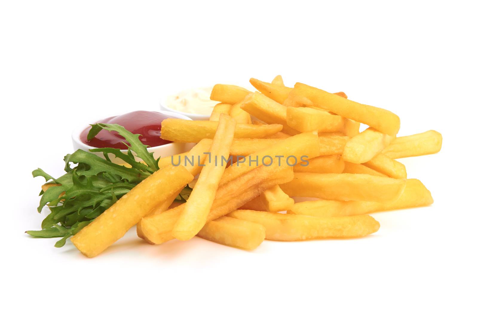 French fries with ketchup closeup over white