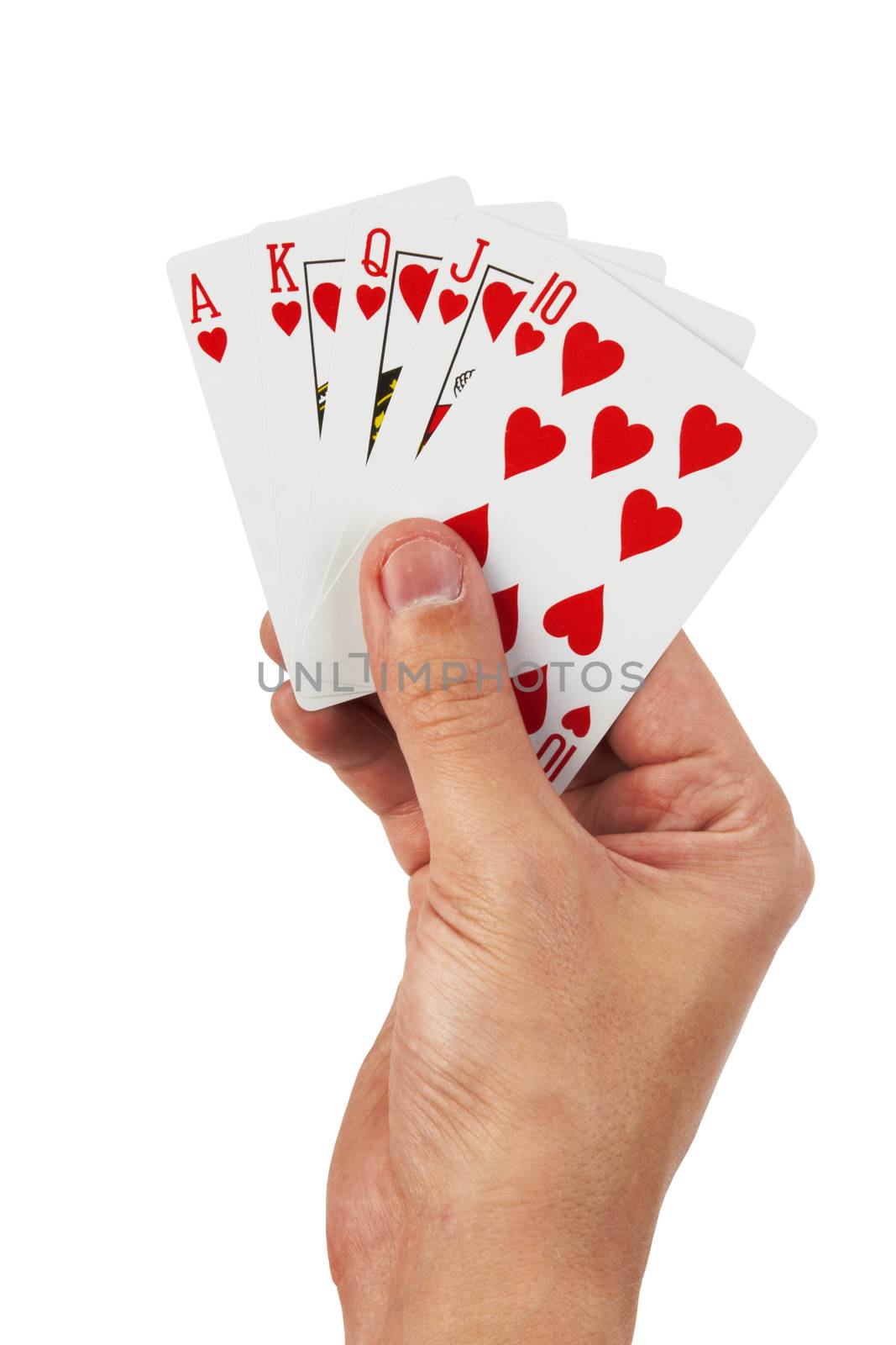 Playing cards in hand isolated on white background 