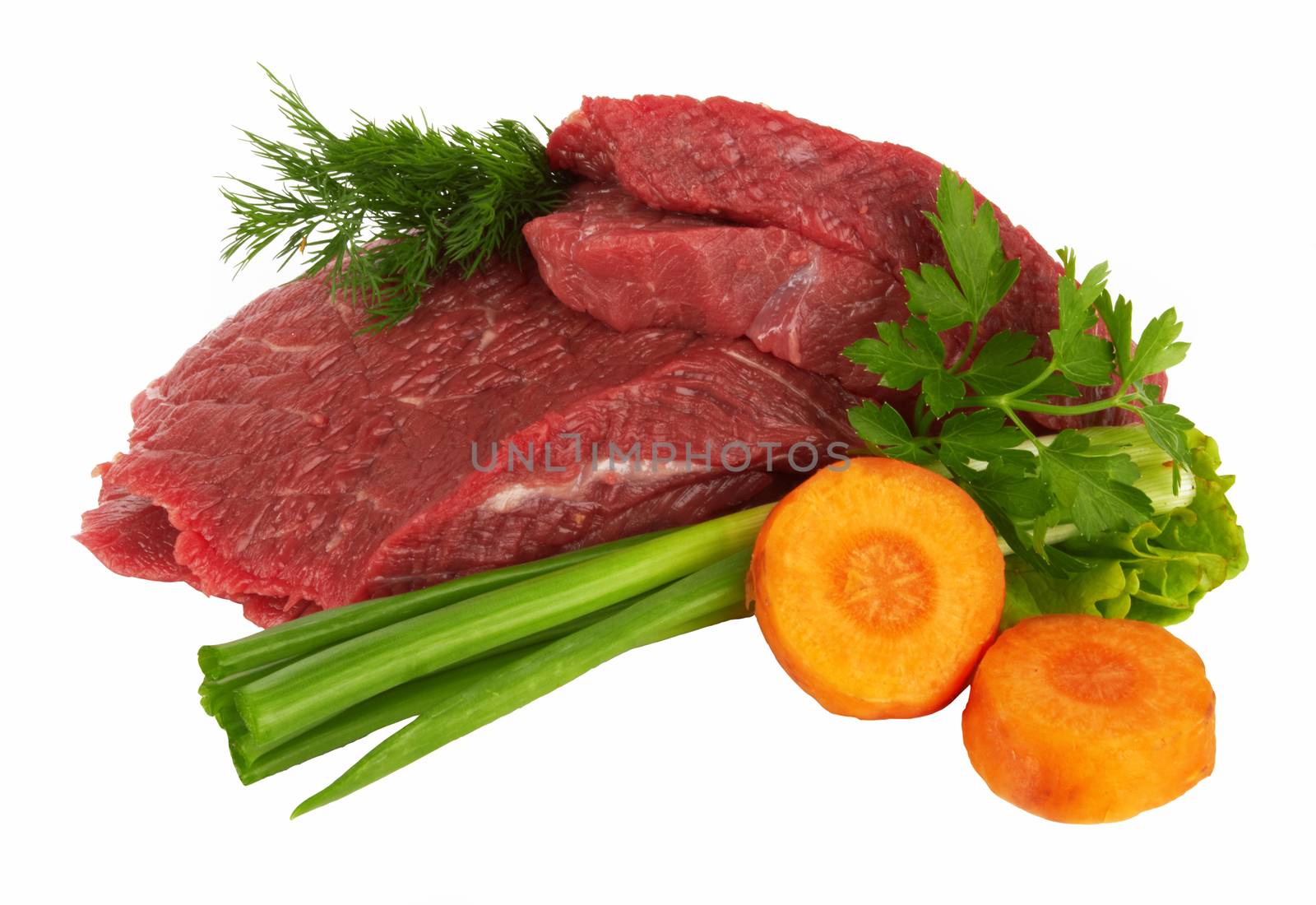 Pieces of fresh raw meat on white background