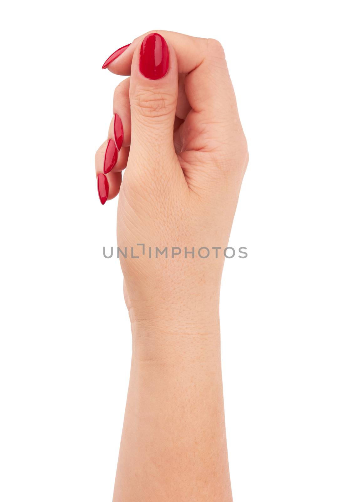 hand of a young woman with long red manicure on