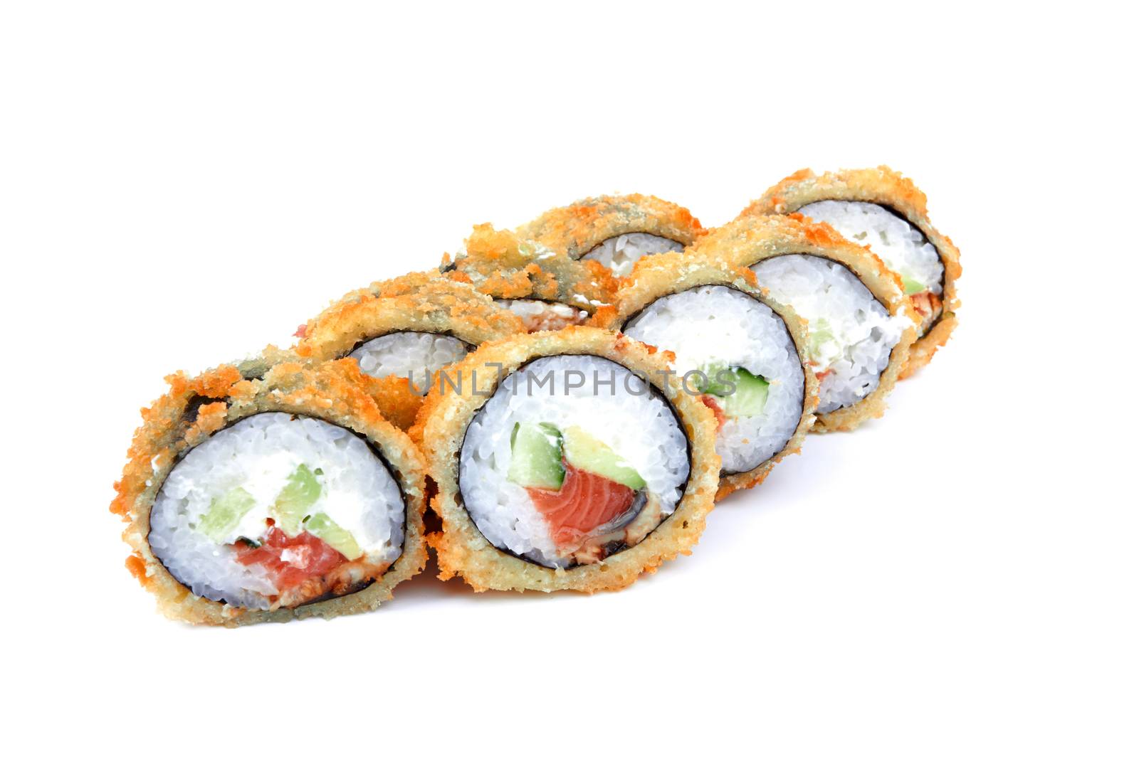Tempura roll with salmon and avocado. Over white, eight pieces. 