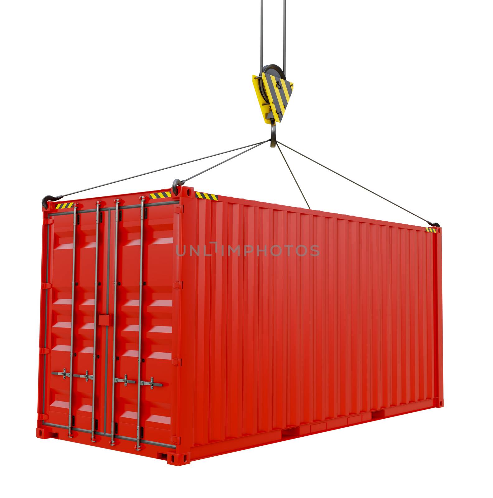 Red cargo container hoisted by hook, isolated on white. 3D rendering