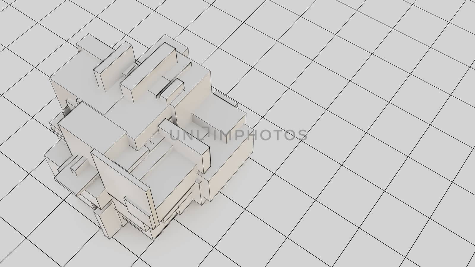 Abstract 3d object consisting of cubes. White background and grid on the floor. Technological 3d illustration for background