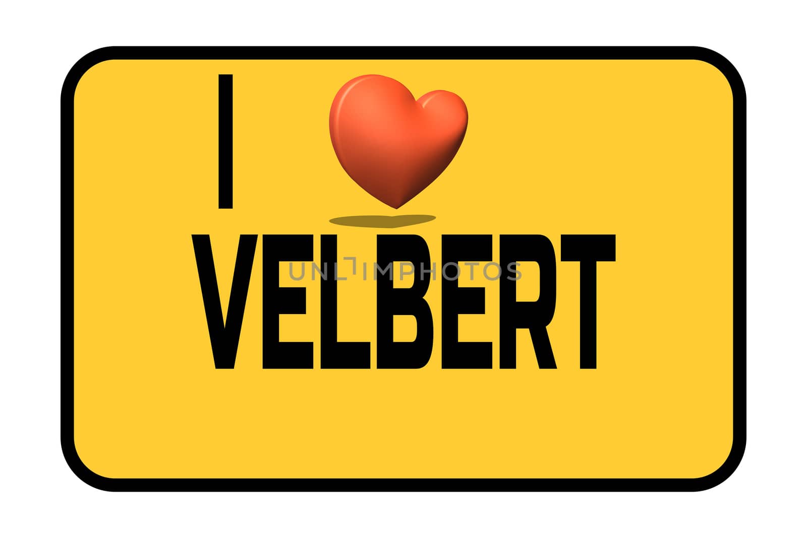 City entrance road sign with caption in english - I love my city  Velbert and heart symbol