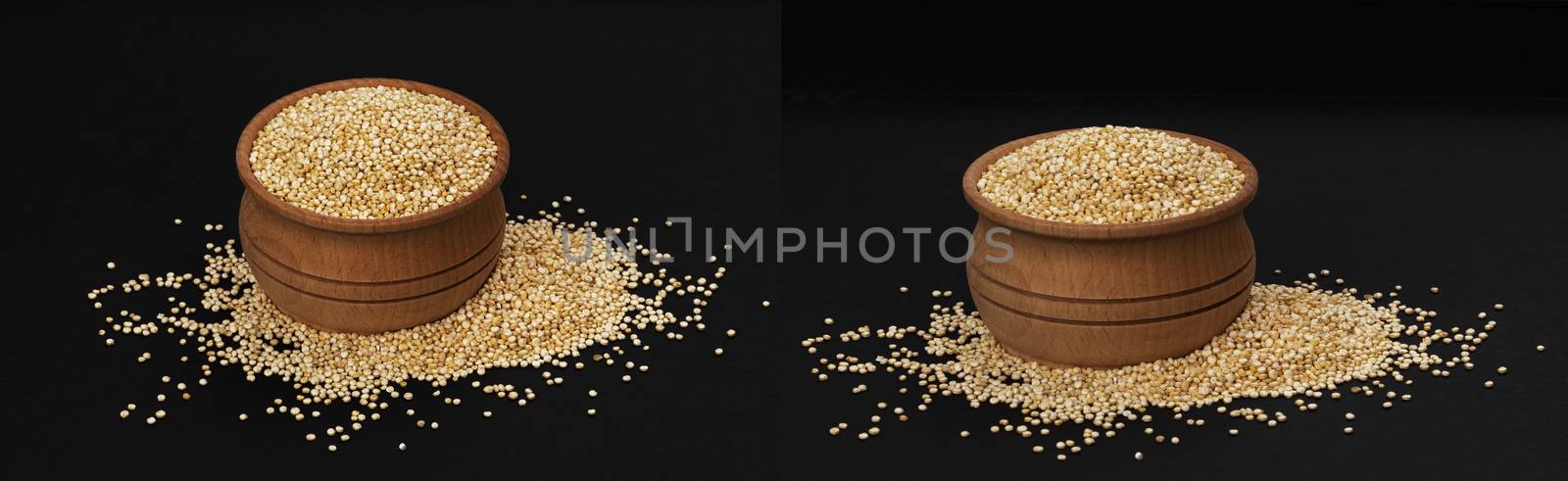 Quinoa seeds. Bowl of healthy white quinoa grains isolated on black background, close-up by xamtiw