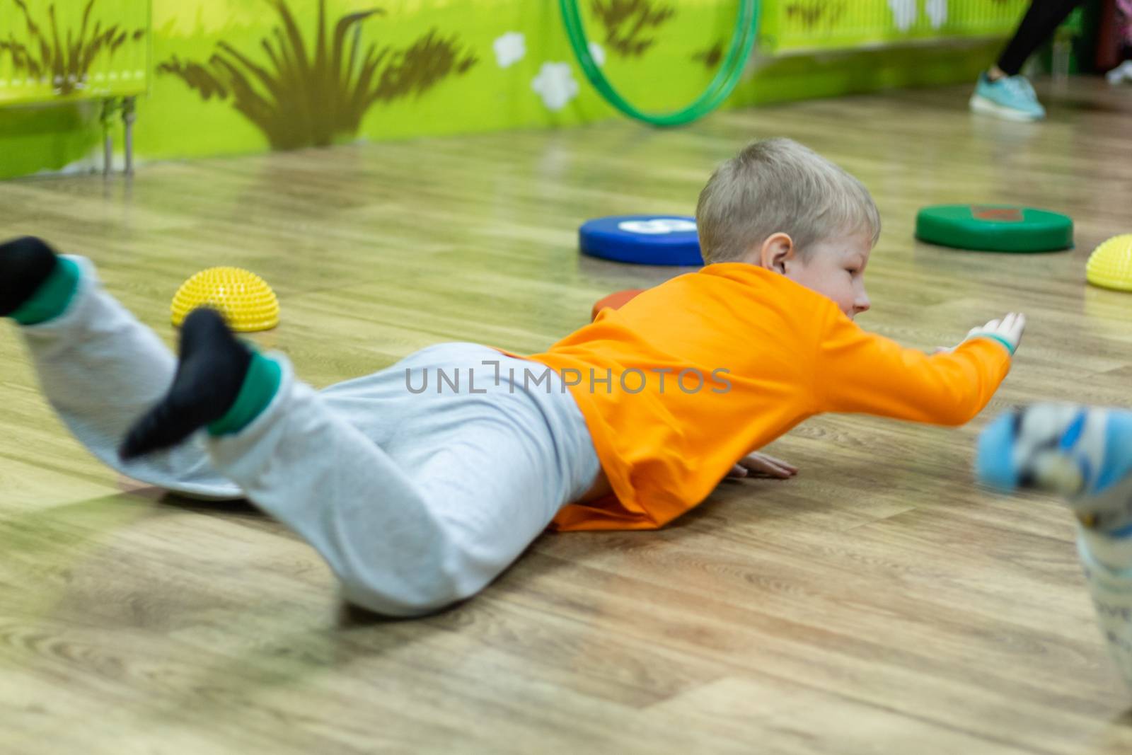 Russia, Khabarovsk - Feb 10, 2019: children's sports relay. Pajama party.