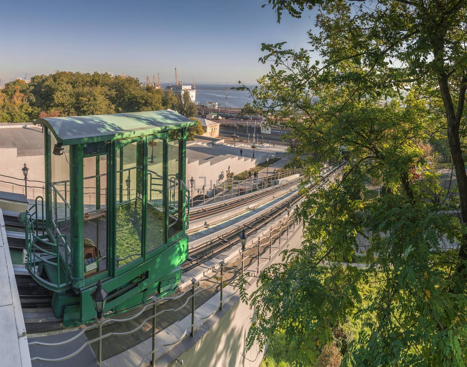 Odessa, Ukraine - 10.12.2018. Panoramic view of Odessa seaside boulevard and sculpture of the founder of the city щn a sunny autumn morning