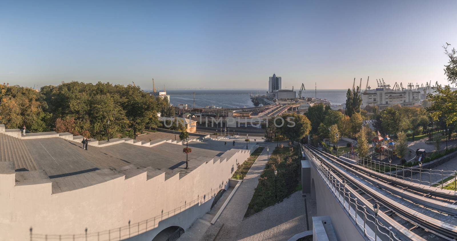 Odessa, Ukraine - 10.12.2018. Panoramic view of Odessa seaside boulevard and sculpture of the founder of the city щn a sunny autumn morning