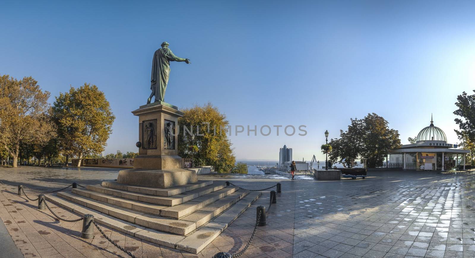 Odessa, Ukraine - 10.12.2018. Panoramic view of Odessa seaside boulevard and sculpture of the founder of the city щn a sunny autumn morning