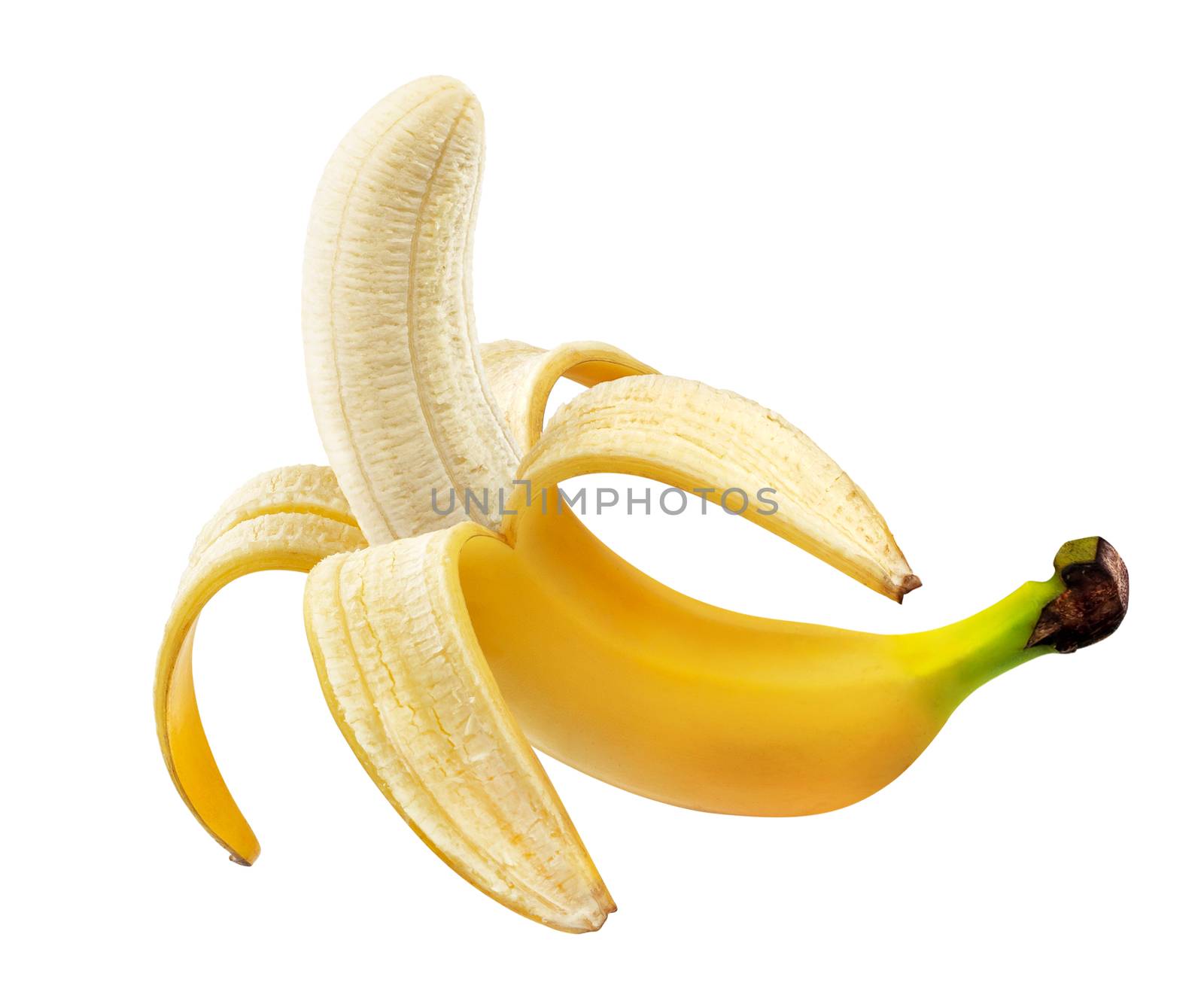 One open peeled banana isolated on white background with clipping path