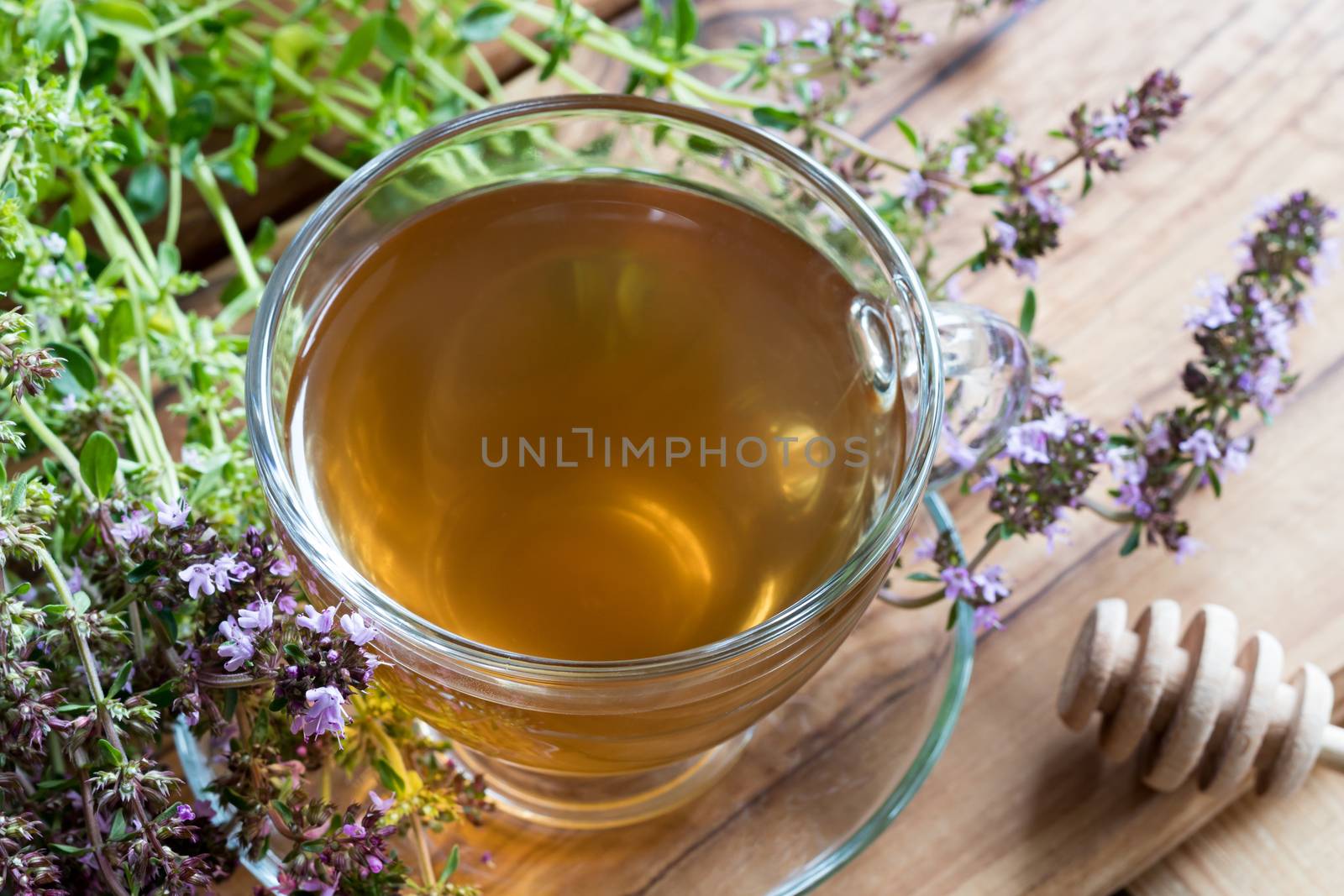 A cup of creeping thyme (thymus serpyllum) tea, with fresh creeping thyme twigs on a wooden background