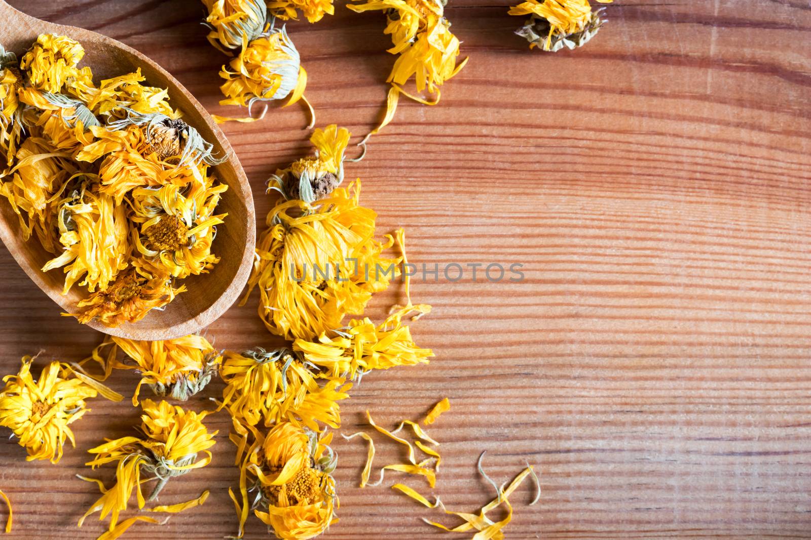 Dried calendula flowers on a wooden spoon with copy space